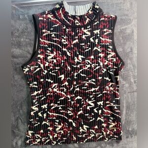 Marc New York Maroon/Black/Ivory Geometric Pleated Mock Neck Sleeveless Blouse